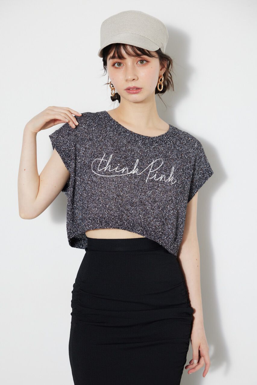 rienda「クロップドメッセージKnit TOP」|タンクトップ|BLK