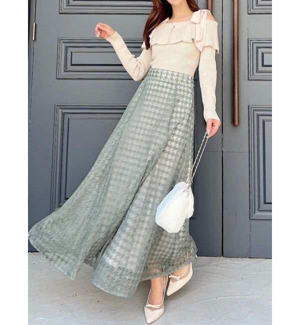 RESEXXY「ハウンドトゥースシアーフレアスカート」|スカート|グリーン