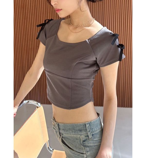 RESEXXY「スクエアカットショルダーリボントップス」|Tシャツ・カットソー|グレー
