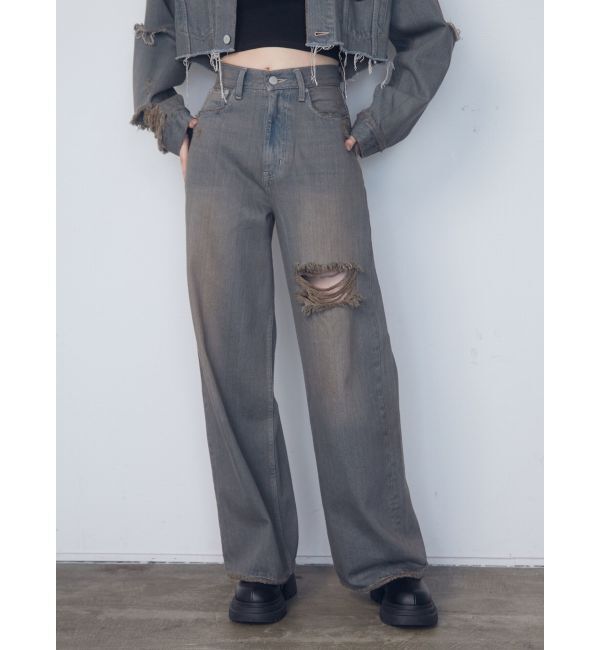EMODA「ポイントクラッシュワイドジーンズ」|デニム|グレー