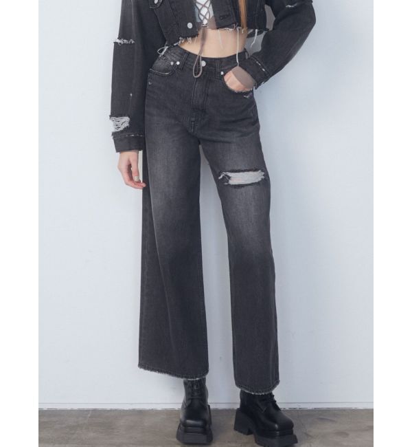 EMODA「ポイントクラッシュワイドジーンズ」|デニム|ブラック