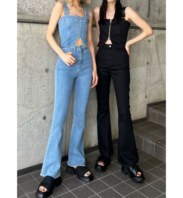 EMODA「デニムフレアジップサロペット」|オールインワン|