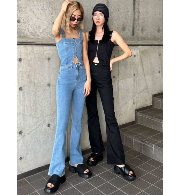 EMODA「デニムフレアジップサロペット」|オールインワン|