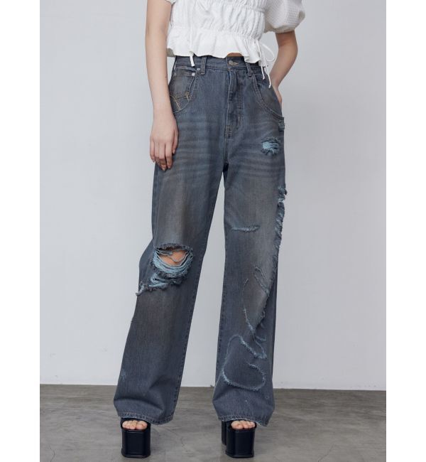 EMODA「リップスマークルーズジーンズ」|デニム|グレー