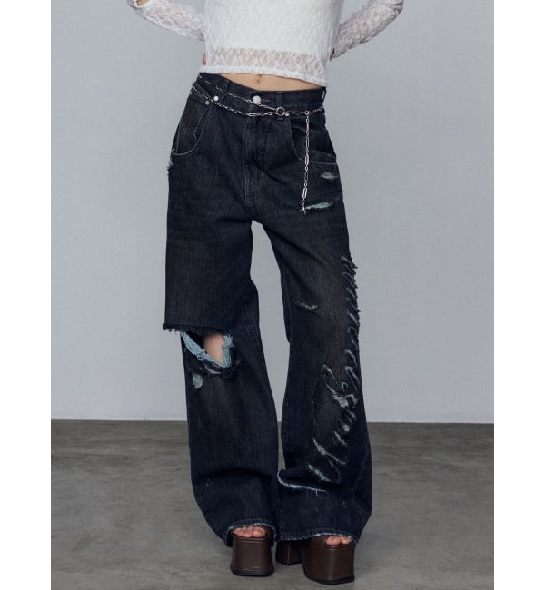 EMODA「リップスマークルーズジーンズ」|デニム|ブラック