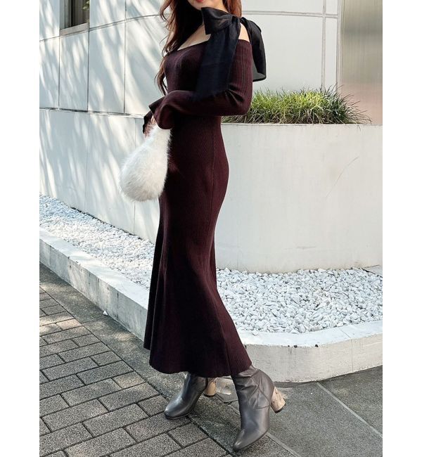 MERCURYDUO「ショルダーリボンニットワンピース」|ワンピース|ブラウン