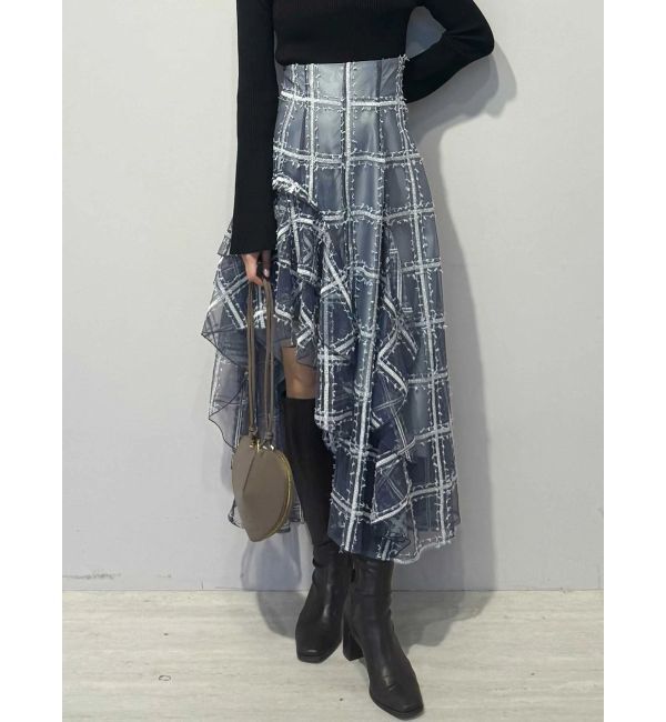 MERCURYDUO「アシメヘムラッフルフレアスカート」|スカート|ネイビー