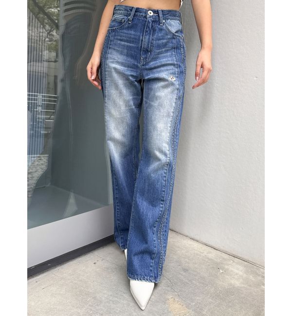 GYDA「ハイウエストGD SIDE 2ラインストレートワイドデニムパンツ」|デニム|ブルー