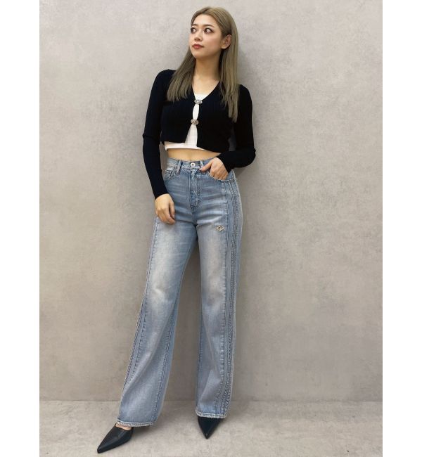 GYDA「ハイウエストGD SIDE 2ラインストレートワイドデニムパンツ」|デニム|