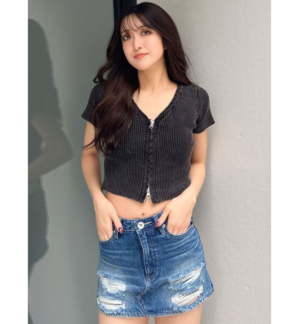 GYDA「ハーフスリーブブリーチWファスナーリブニットトップス」|ニット・セーター|