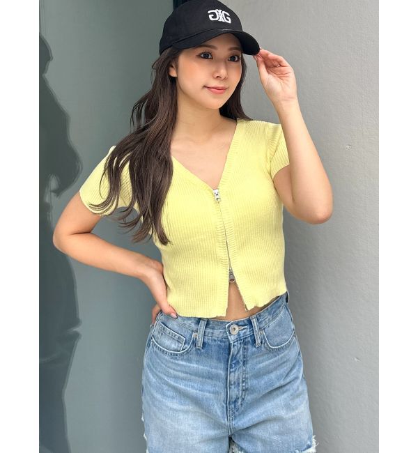 GYDA「ハーフスリーブブリーチWファスナーリブニットトップス」|ニット・セーター|