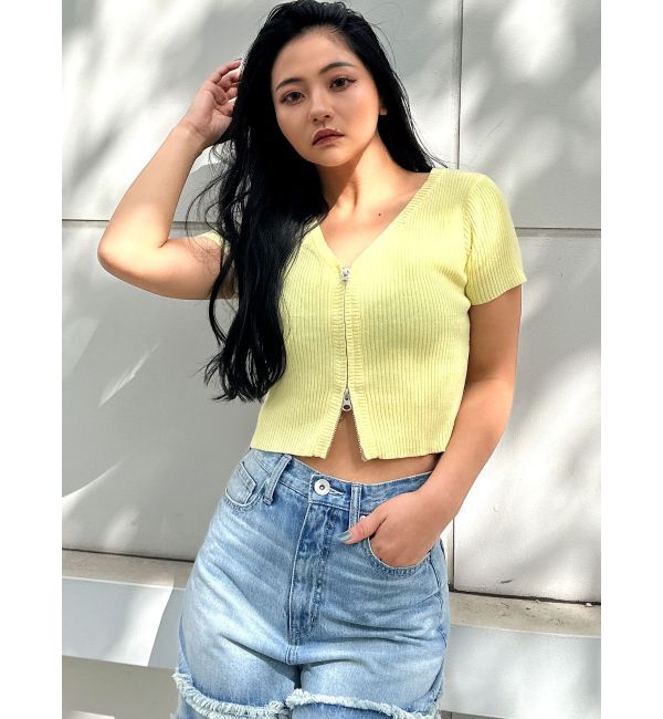 GYDA「ハーフスリーブブリーチWファスナーリブニットトップス」|ニット・セーター|