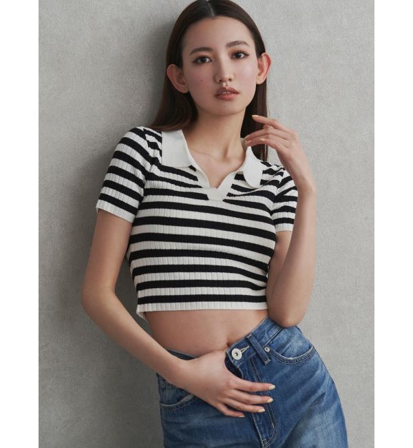 GYDA「BACK OPENハーフスリーブPOLOニットトップス」|ニット・セーター|