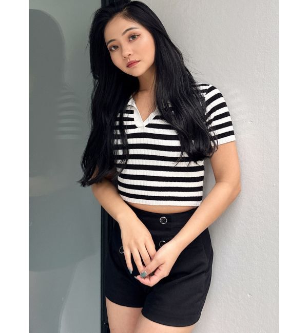 GYDA「BACK OPENハーフスリーブPOLOニットトップス」|ニット・セーター|