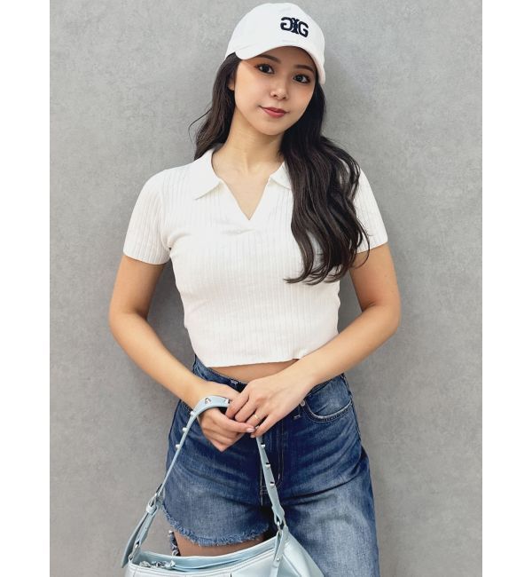 GYDA「BACK OPENハーフスリーブPOLOニットトップス」|ニット・セーター|