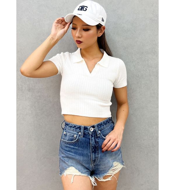GYDA「BACK OPENハーフスリーブPOLOニットトップス」|ニット・セーター|