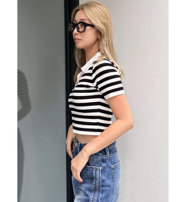 GYDA「BACK OPENハーフスリーブPOLOニットトップス」|ニット・セーター|