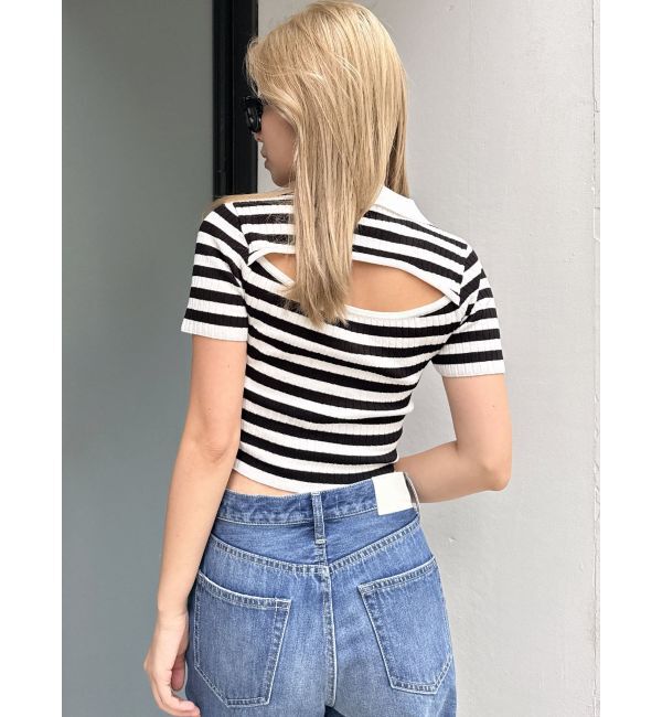 GYDA「BACK OPENハーフスリーブPOLOニットトップス」|ニット・セーター|