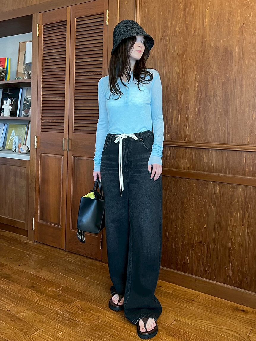 Mila Owen「ウエストドロストワイドデニムパンツ」|デニム|