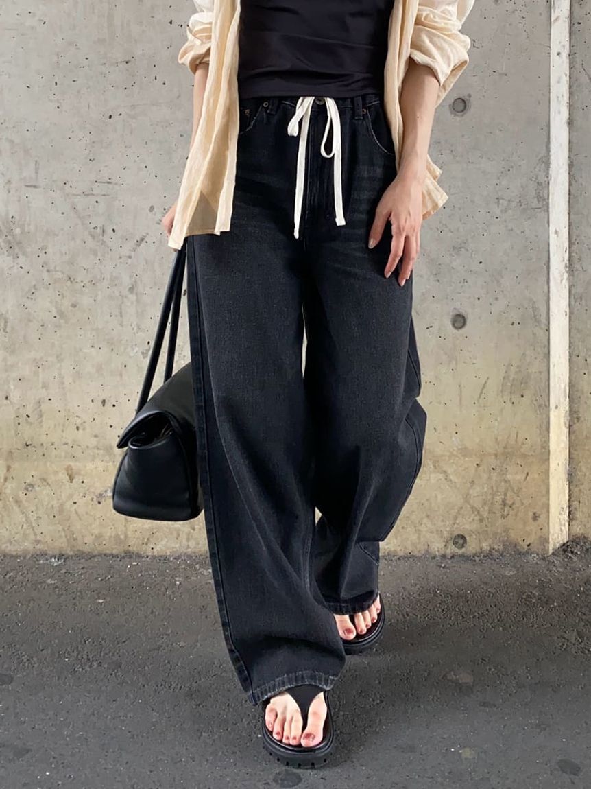Mila Owen「ウエストドロストワイドデニムパンツ」|デニム|
