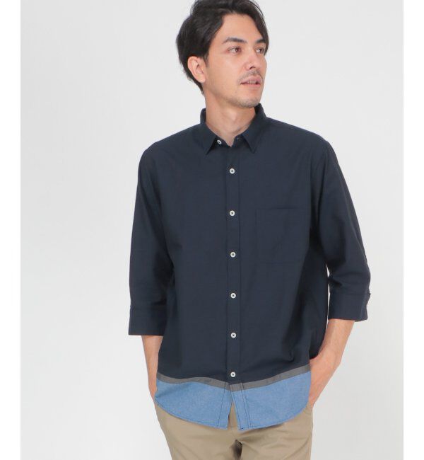 ikka「7分オックス裾切り替えシャツ」|シャツ・ブラウス|ネイビー