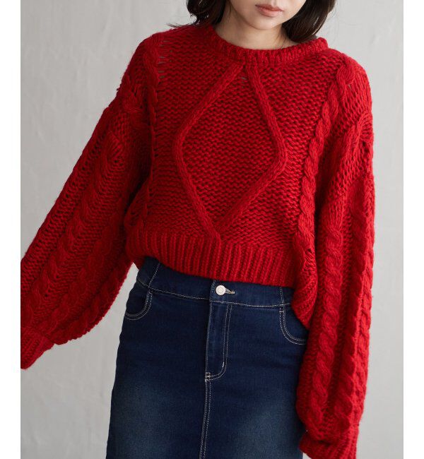 VENCE share style「ロービングケーブルショートプルオーバー」|ニット・セーター|レッド