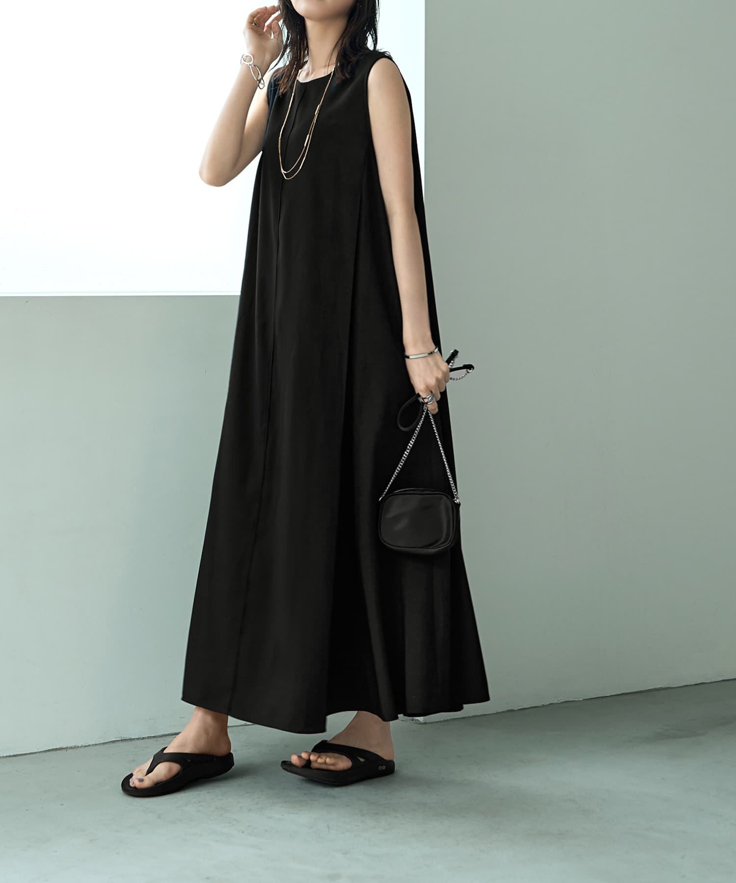 STYLE DELI「【Psize】マキシ丈タックフレアワンピース」|ワンピース|ブラック