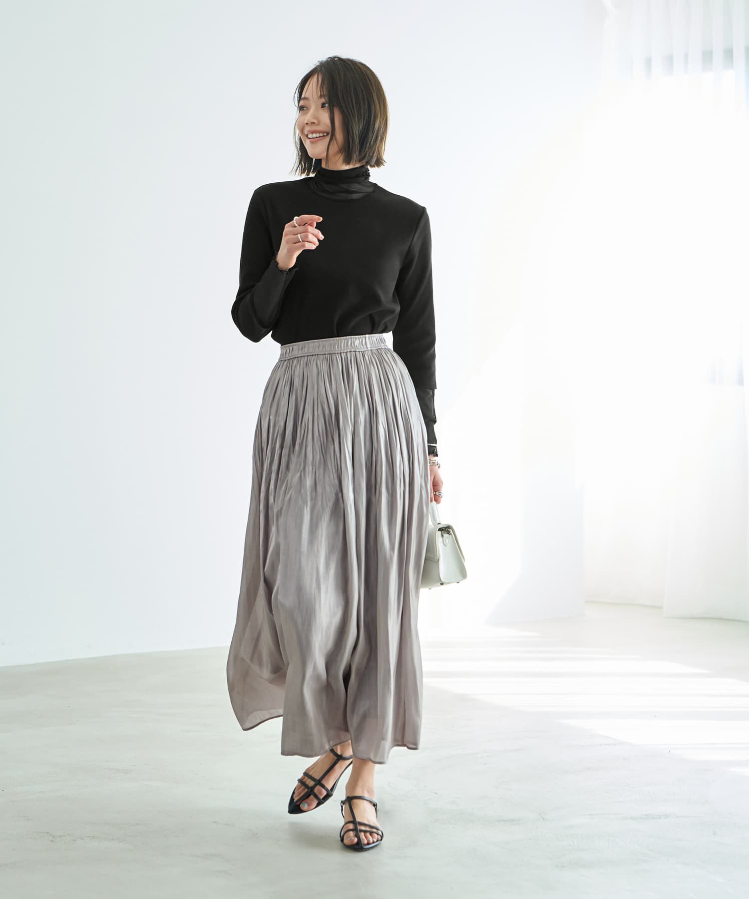 STYLE DELI「【LUXE】メタリックサテンギャザースカート」|フレア|