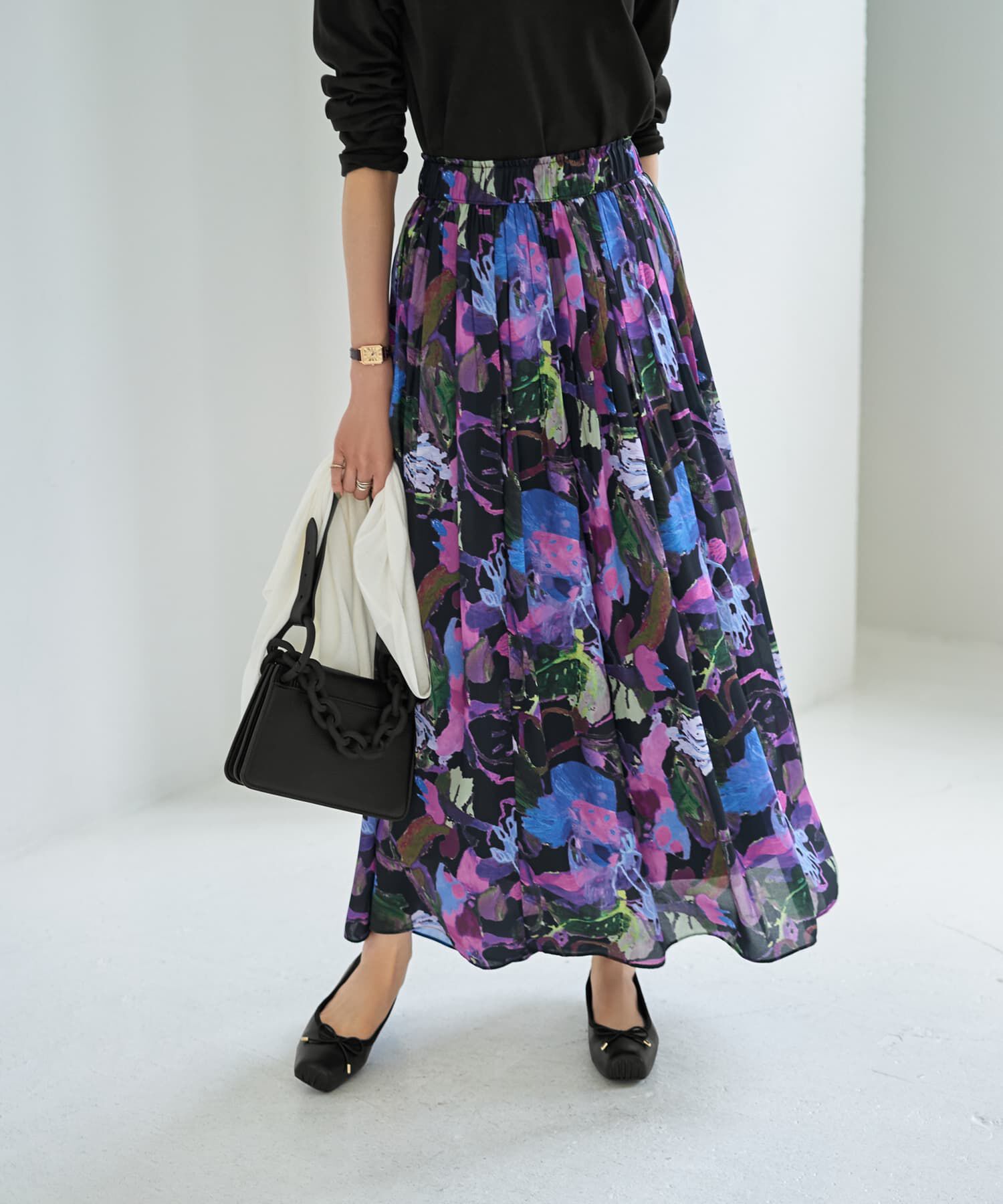 STYLE DELI「【LUXE】リゾートフラワー柄フレアスカート」|スカート|ブラックミックス