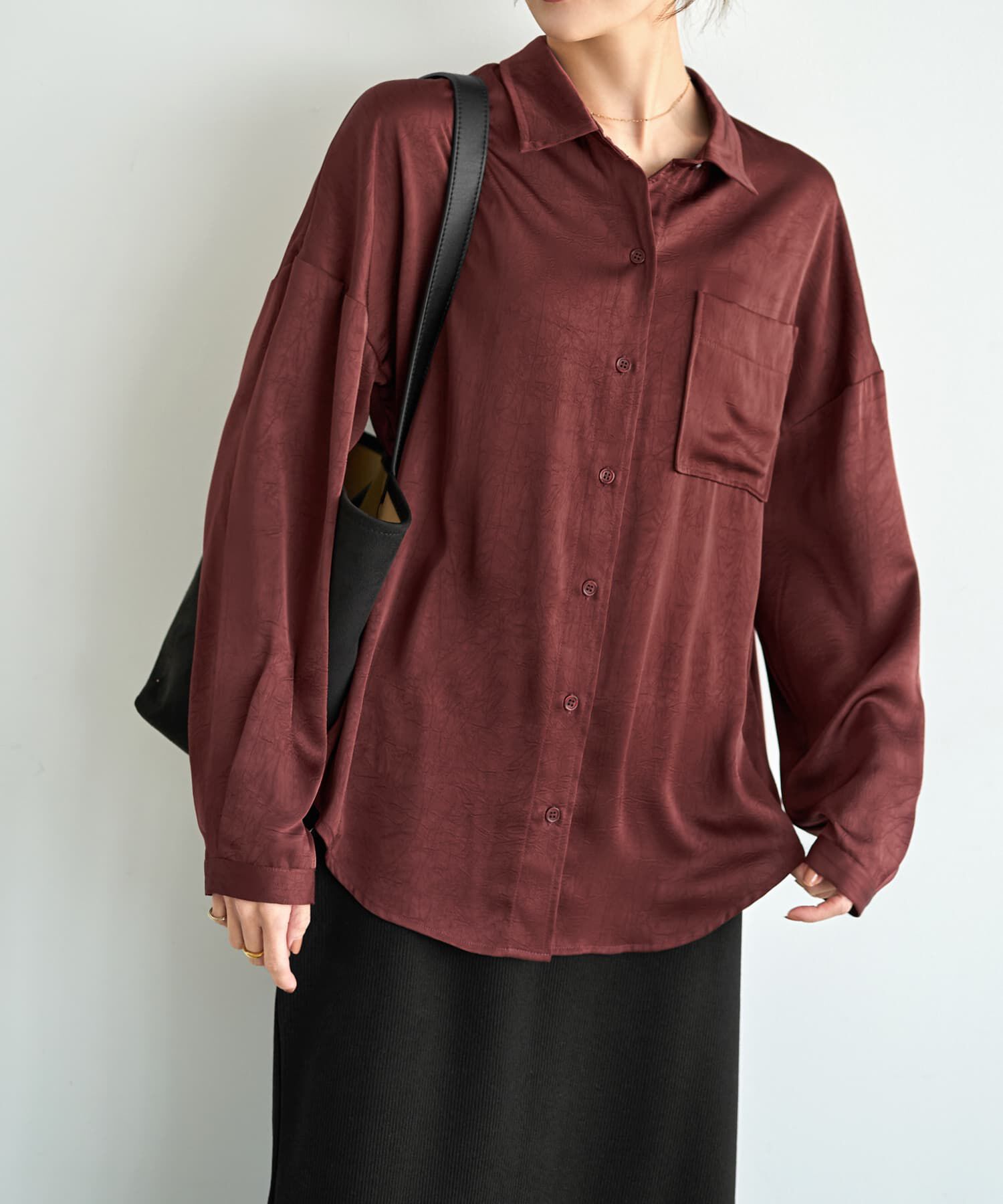 STYLE DELI「【LUXE】シボ入りとろみサテンシャツB」|シャツ・ブラウス|バーガンディ