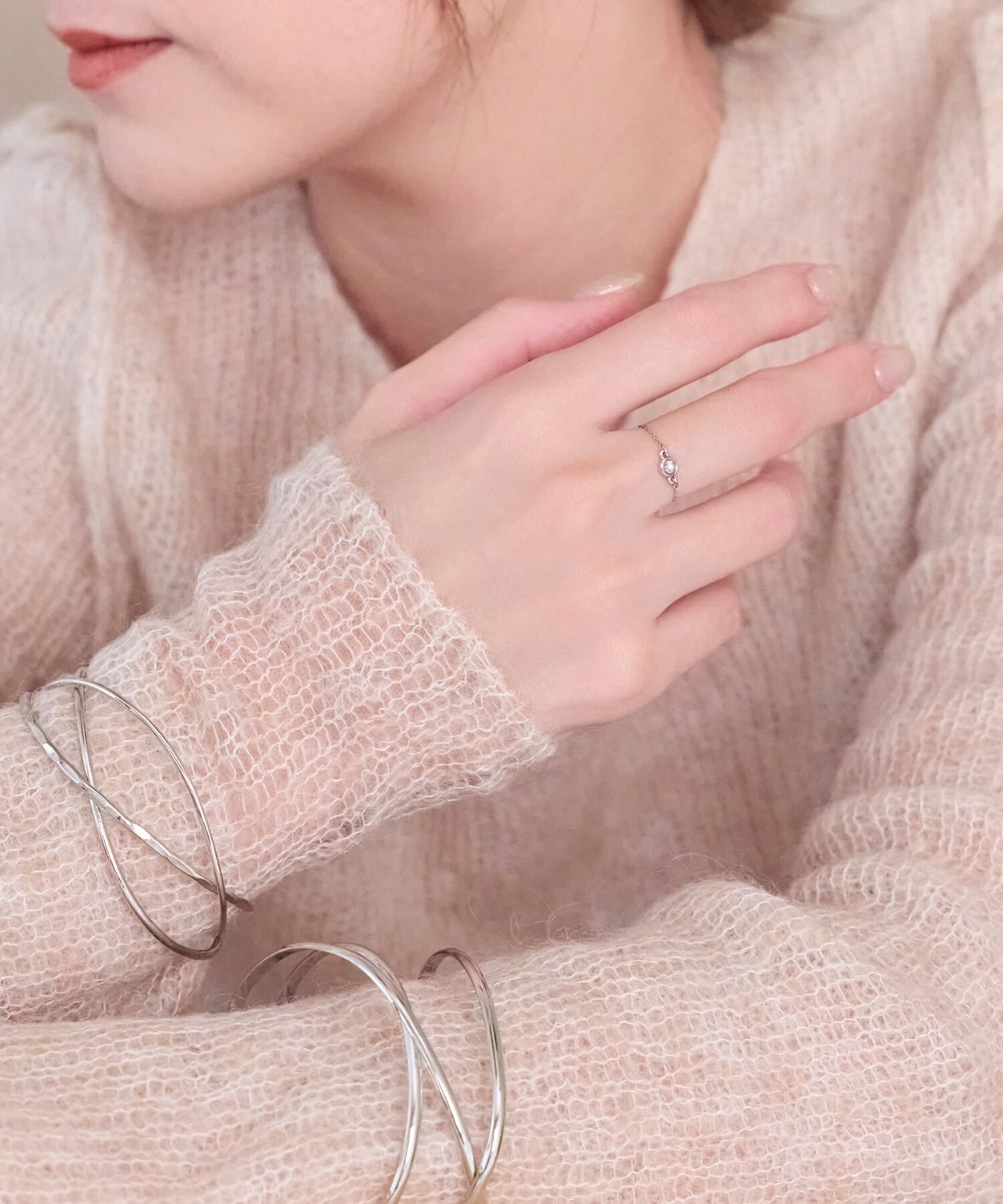 Phoebe「≪サイズ調整可能≫【金属アレルギー対応】プチベゼルストーンチェーンリング　シルバー」|リング|