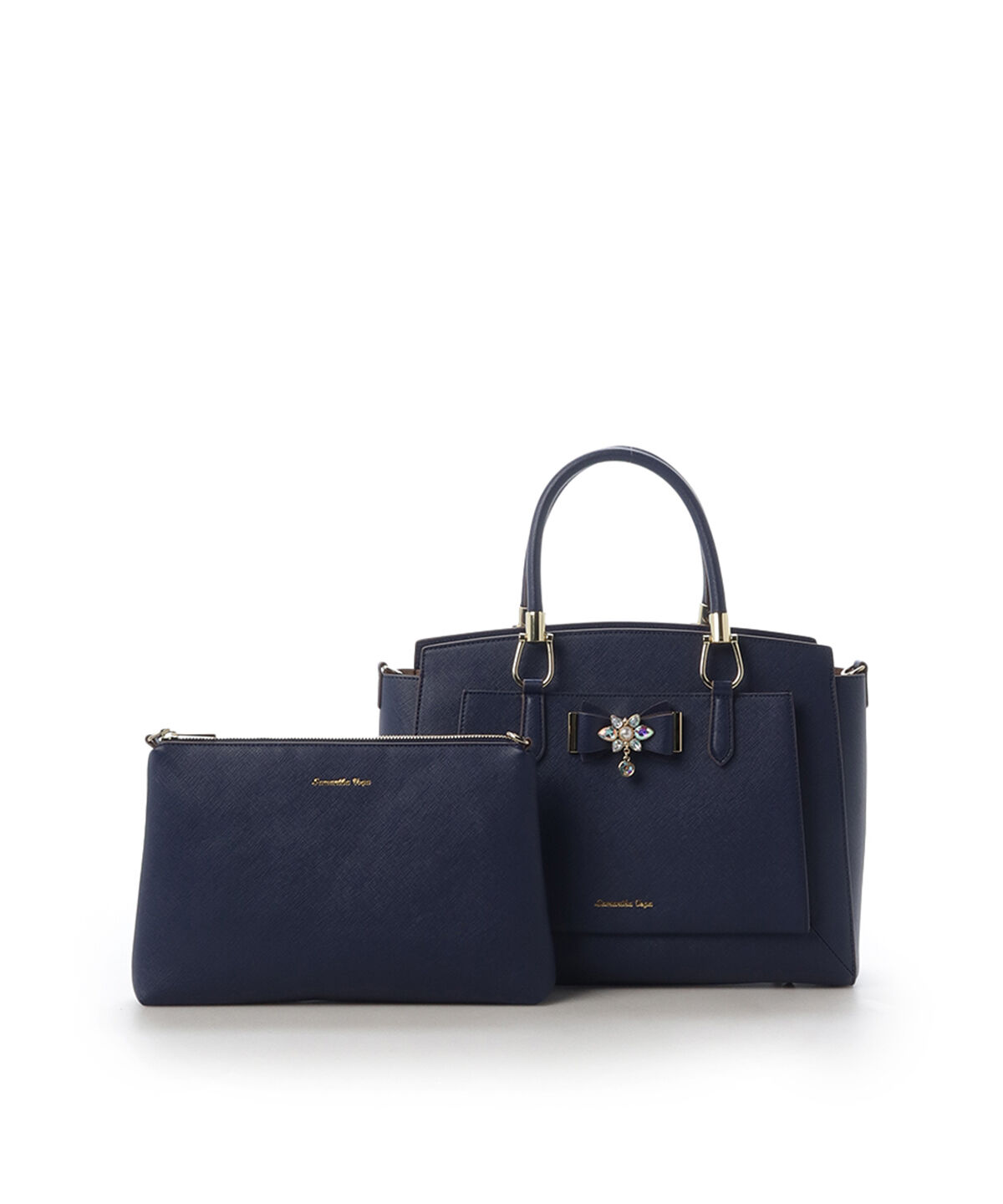 Samantha Vega「ビジュー＆リボン付トート 大」|ハンドバッグ|ネイビー