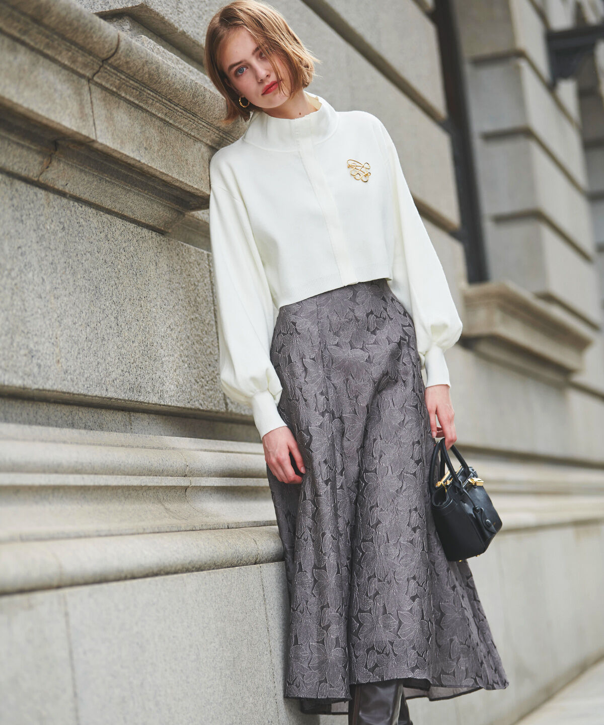 アンドクチュール「クロップトスタンドネックニットジャケット」|ノーカラージャケット|