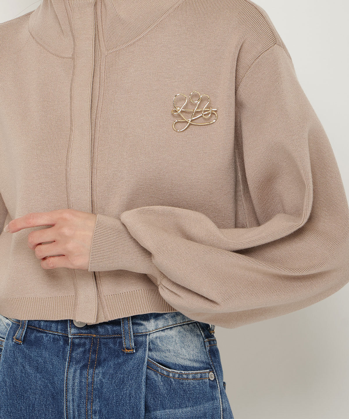 アンドクチュール「クロップトスタンドネックニットジャケット」|ノーカラージャケット|