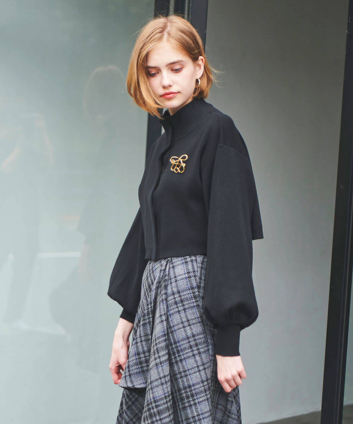 アンドクチュール「クロップトスタンドネックニットジャケット」|ノーカラージャケット|