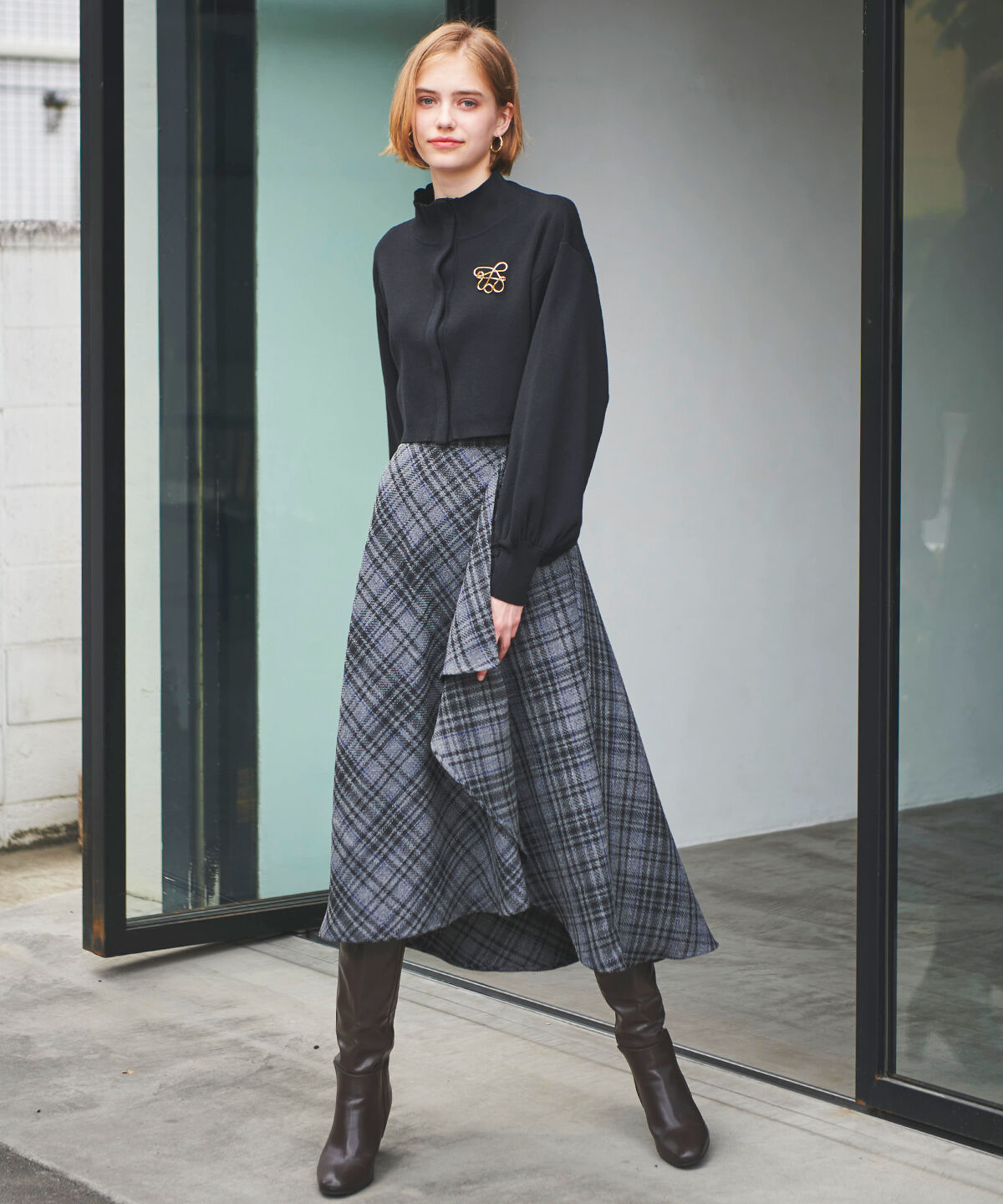 アンドクチュール「クロップトスタンドネックニットジャケット」|ノーカラージャケット|