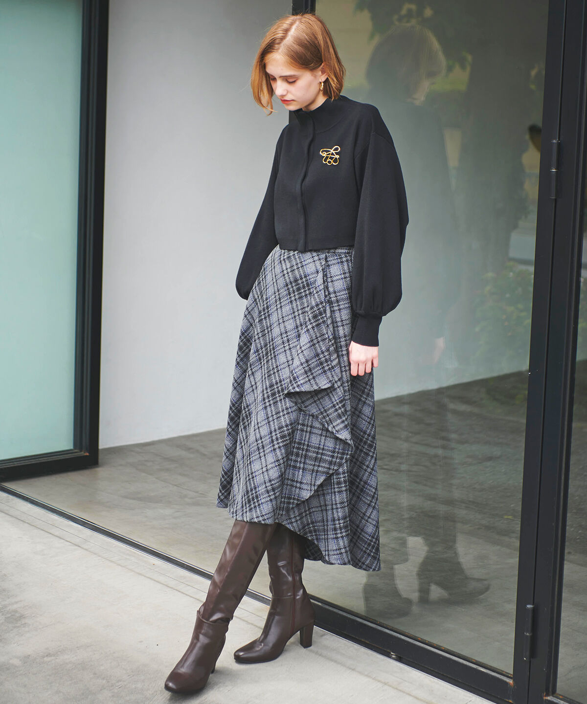 アンドクチュール「クロップトスタンドネックニットジャケット」|ノーカラージャケット|