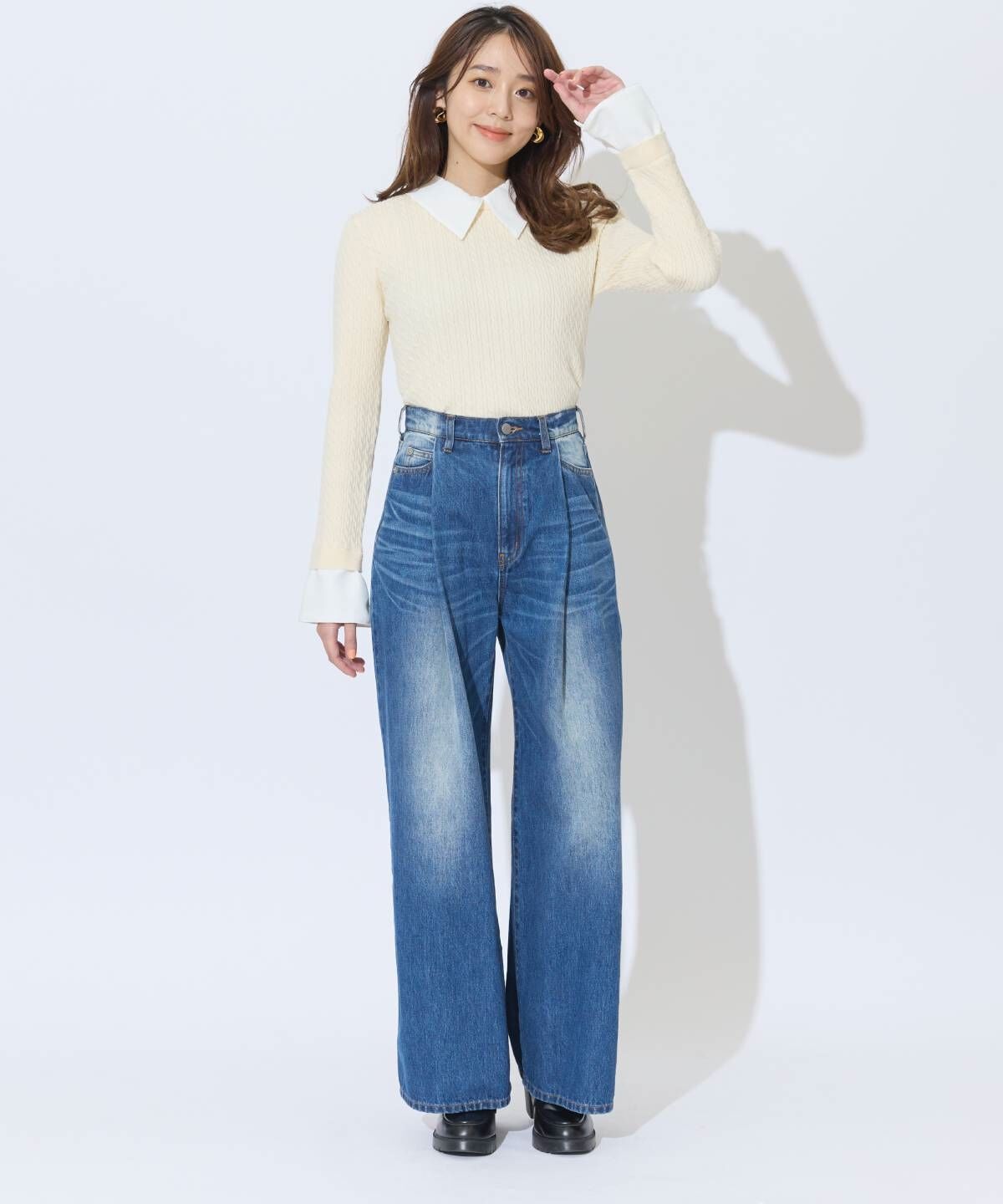 アンドクチュール「シャツレイヤード風ケーブル編みプルオーバー」|ニット・セーター|