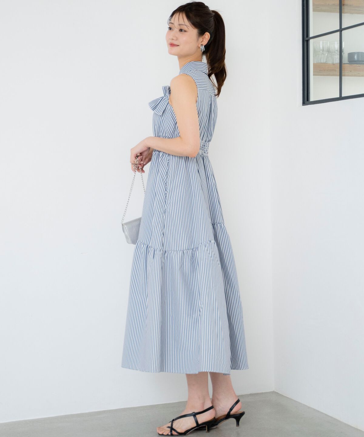 アンドクチュール「ヨークフリルストライプシャツワンピース」|ワンピース|