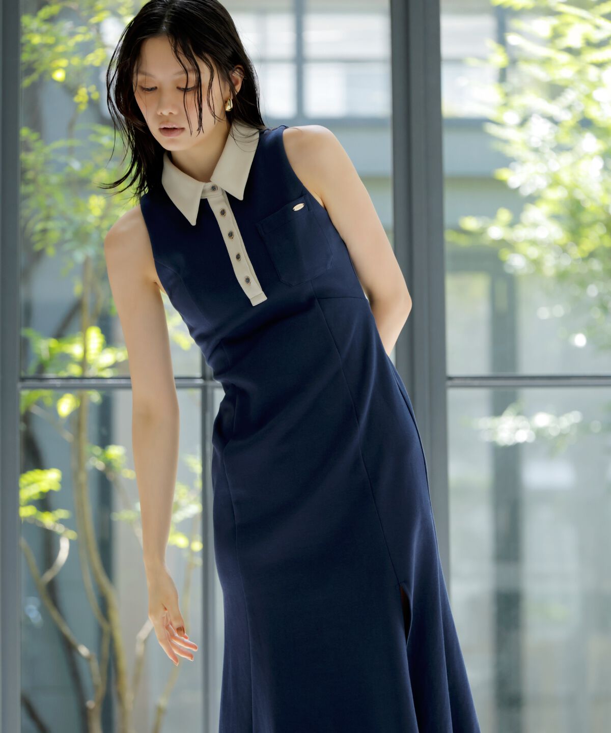 アンドクチュール「配色ポロ襟ワンピース」|ワンピース|ネイビー