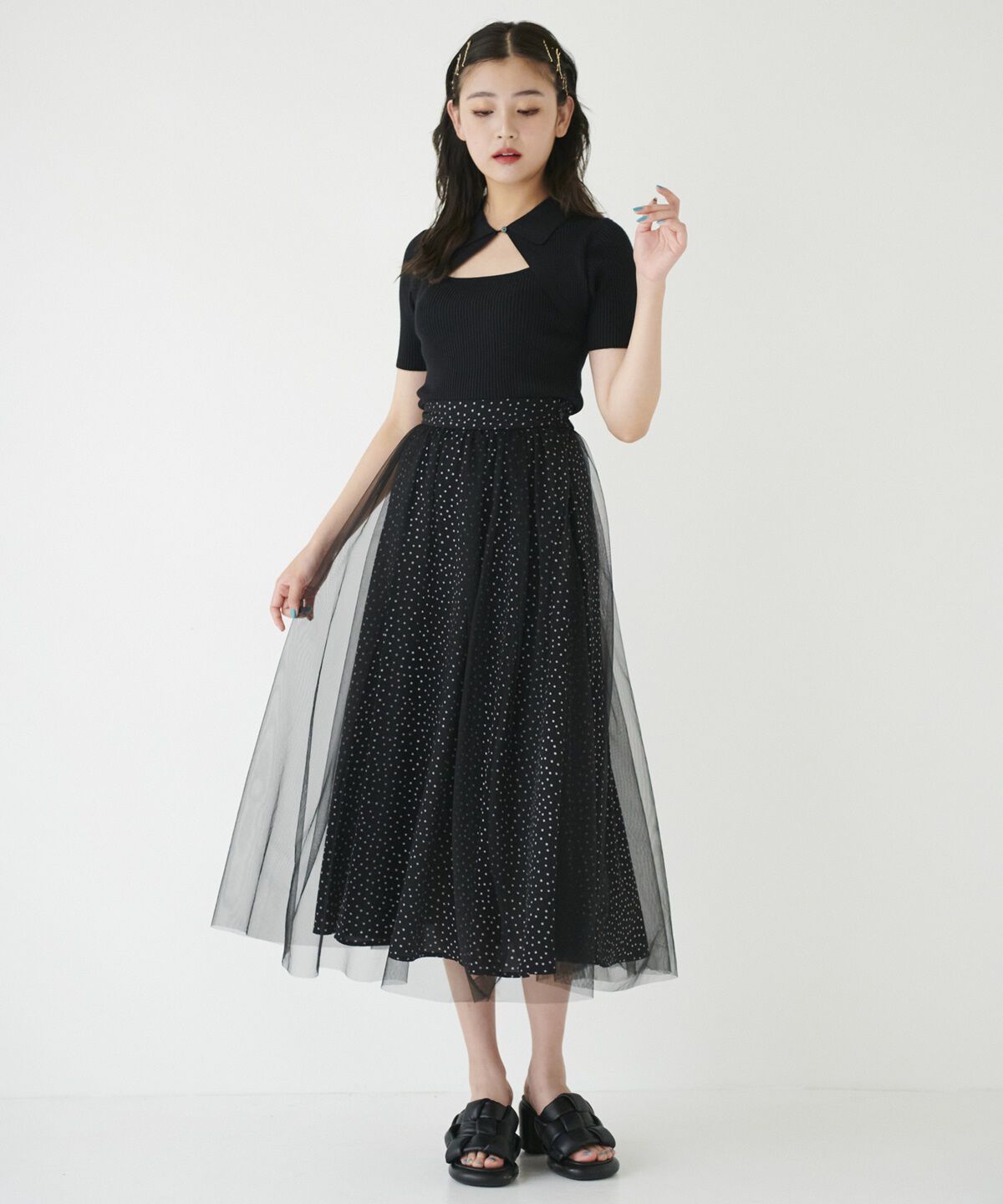 REDYAZEL「ドット&times;チュールフレアスカート」|フレア|