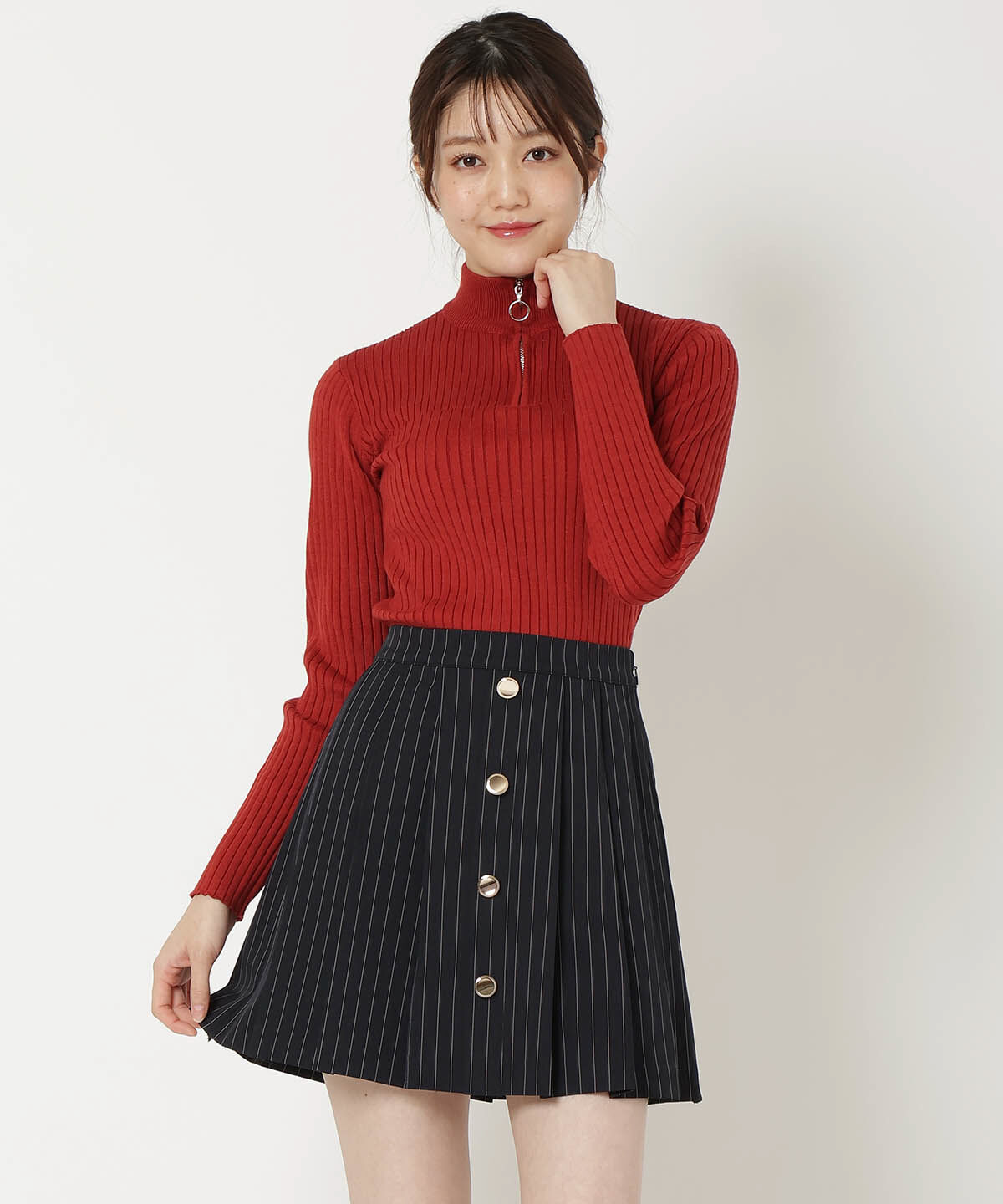 REDYAZEL「フロントボタンプリーツミニスカート」|台形|ネイビー