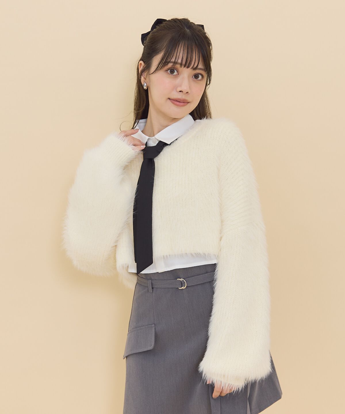 REDYAZEL「シャギーニット＆ネクタイシャツセット」|ニット・セーター|ホワイト