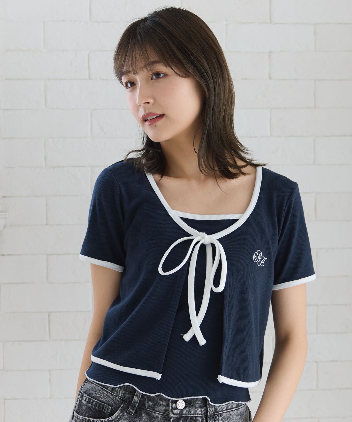 REDYAZEL「バイカラーパイピングカーディガン＆キャミソールセット」|カーディガン|ネイビー