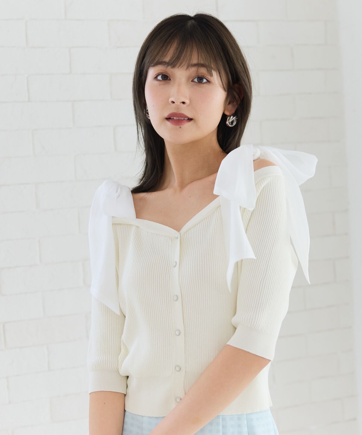 REDYAZEL「ショルダーリボンオフショルニットトップス」|カーディガン|