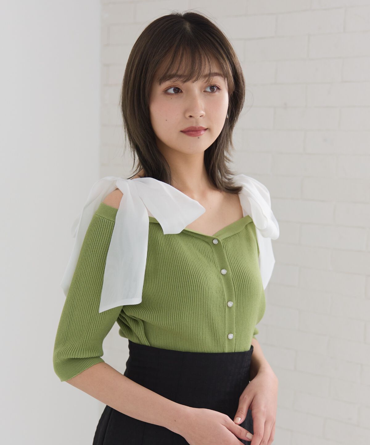 REDYAZEL「ショルダーリボンオフショルニットトップス」|カーディガン|