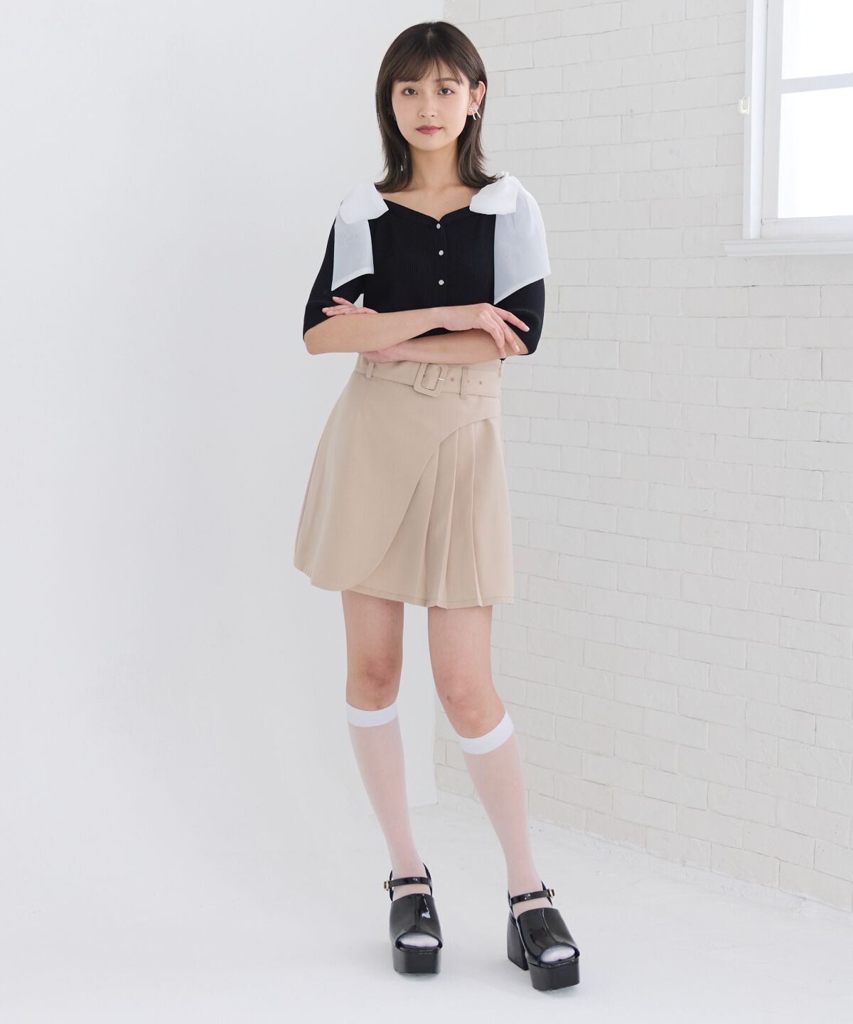 REDYAZEL「ショルダーリボンオフショルニットトップス」|カーディガン|