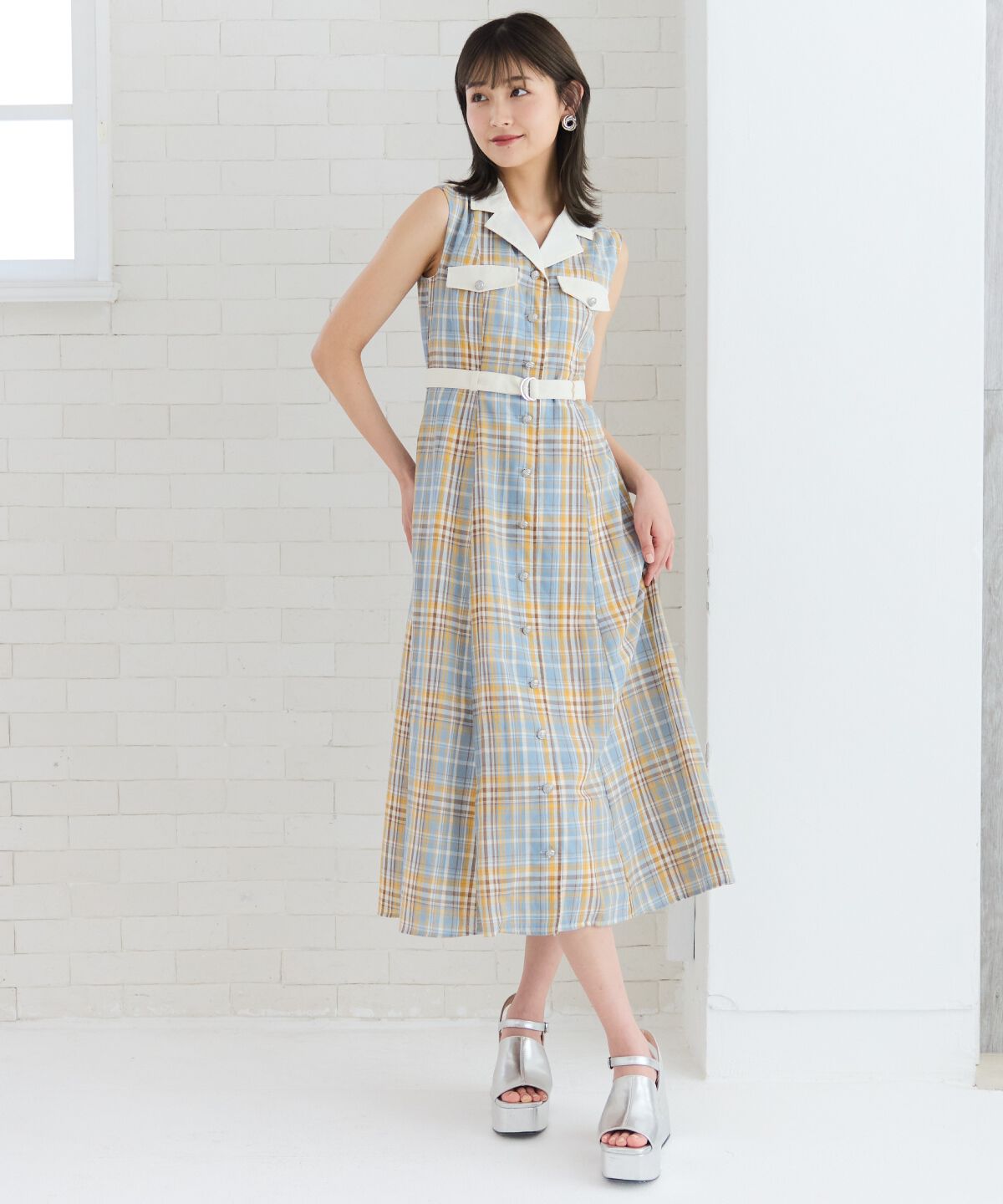 REDYAZEL「バイカラーチェックノースリーブシャツワンピース」|ワンピース|