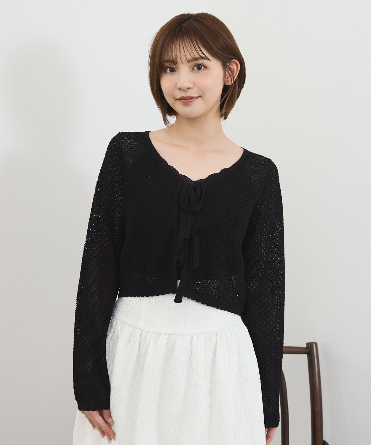 REDYAZEL「クロシェライクWリボンカーディガン」|カーディガン|ブラック