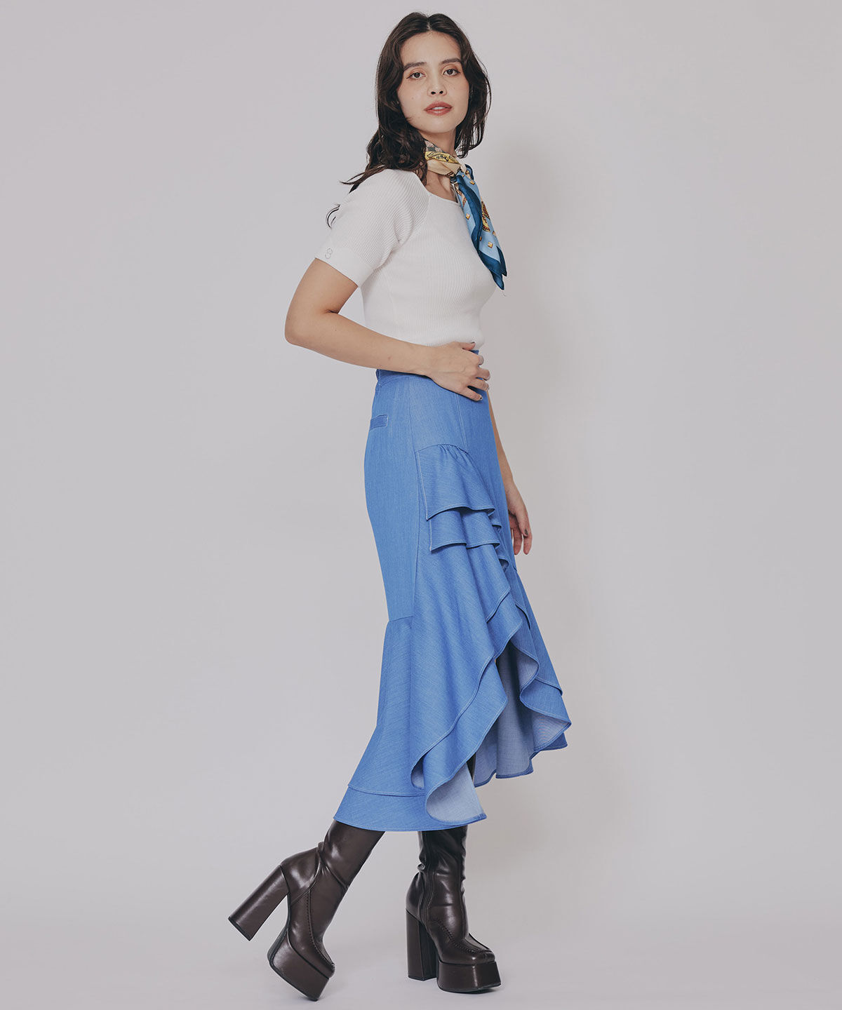 REDYAZEL「アシメフリルデニムライクティアードスカート」|フレア|